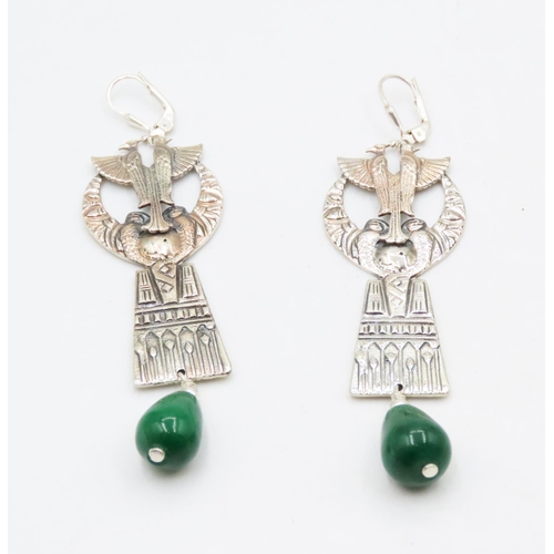 546 - Pair of Jade Set Silver Drop Earrings Egyptian Motifs 6cm High