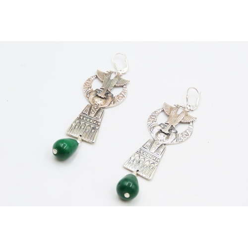 546 - Pair of Jade Set Silver Drop Earrings Egyptian Motifs 6cm High