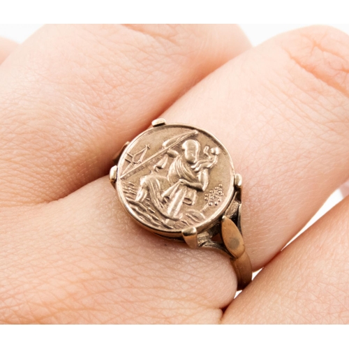 55 - 9 Carat Yellow Gold Saint Christopher Coin Set Ring Size R and a Half