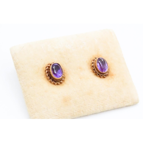 553 - Pair of Bezel Set Amethyst Earrings Set in 9 Carat Yellow Gold Rope Form Edge 1cm High Each