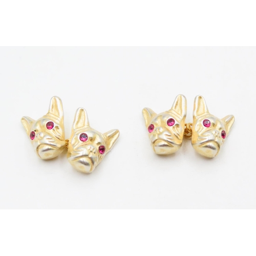 556 - Pair of Russian Silver Gilded Ruby Set Dog Motif Cuff Links 1.5cm High