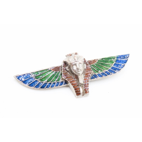 557 - Silver Enamel Decorated Pharaoh Motif Brooch 8cm Wide