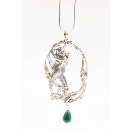 559 - Jade Set Art Nouveau Style Silver Pendant 10cm High Set on Silver Chain 44cm Long