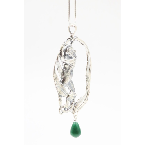 559 - Jade Set Art Nouveau Style Silver Pendant 10cm High Set on Silver Chain 44cm Long