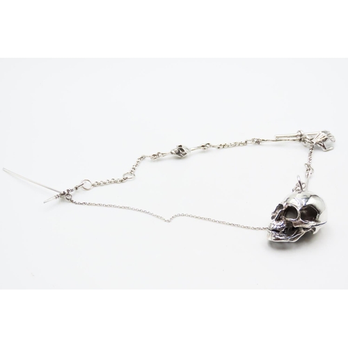 562 - Silver Skull Locket Chain Attractively Detailed with Further Skeleton Details Chain 27cm Long