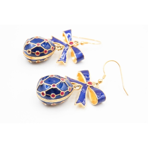 564 - Pair of Russian Silver Gilt Ruby Set Blue Enamel Egg and Bow Motif Ladies Drop Earrings 3cm Drop