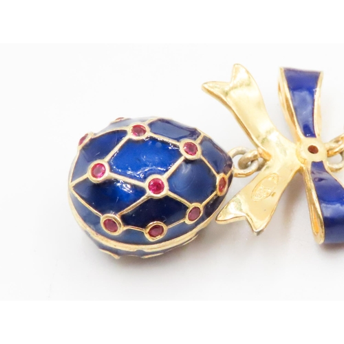 564 - Pair of Russian Silver Gilt Ruby Set Blue Enamel Egg and Bow Motif Ladies Drop Earrings 3cm Drop