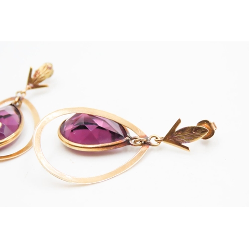 568 - Pair of Facet Pear Cut Amethyst Drop Earrings Set on 18 Carat Yellow Gold 4cm Drop