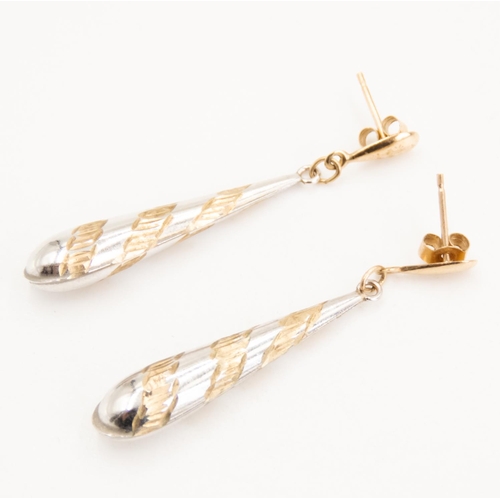 57 - Pair of 9 Carat White and Yellow Gold Ladies Drop Earrings 4cm Drop