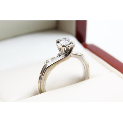 571 - Unusual Form Diamond Solitaire Ring Set in 14 Carat White Gold Further Diamonds Set to Shoulders Rin... 