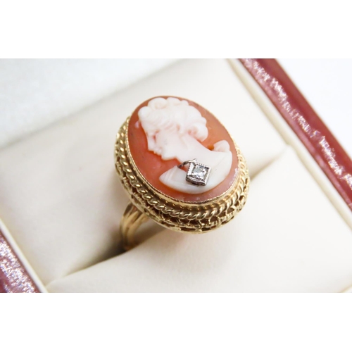 572 - Diamond Set Cameo Ring Mounted in 9 Carat Yellow Gold Finely Detailed Ring Size I