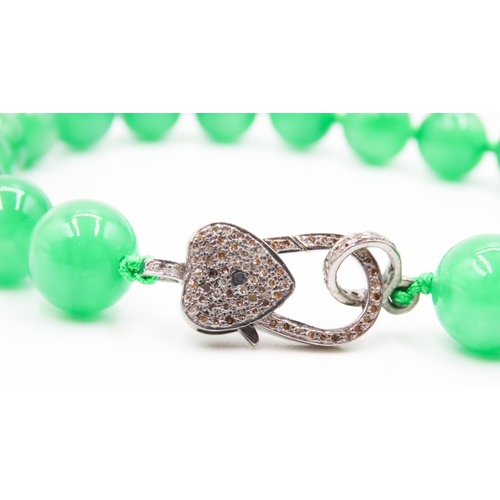 578 - Apple Green Jade Necklace with Diamond Set Silver Heart Lock Form Clasp 56cm Long