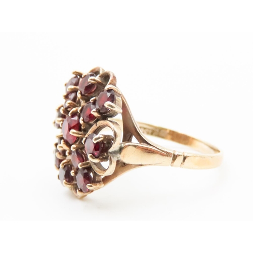 584 - Red Garnet Set Ladies Cluster Ring Heart Motifs Mounted in 9 Carat Yellow Gold Ring Size Q