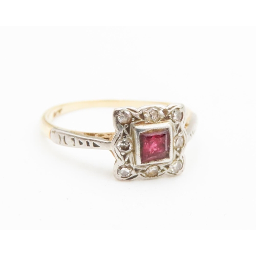 585 - Square Cut Ruby Set Ring Mounted in 18 Carat Yellow Gold Further Diamond Set Surround Ring Size J