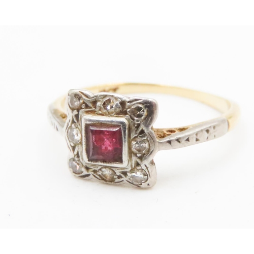 585 - Square Cut Ruby Set Ring Mounted in 18 Carat Yellow Gold Further Diamond Set Surround Ring Size J