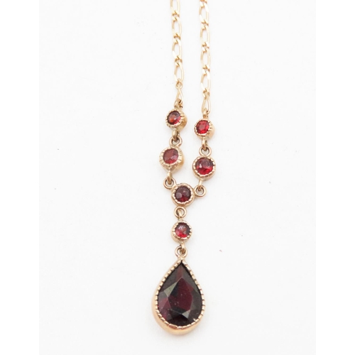 587 - Red Garnet Set Ladies Necklace Mounted on 9 Carat Yellow Gold Attractively Detailed Chain 40cm Long ... 