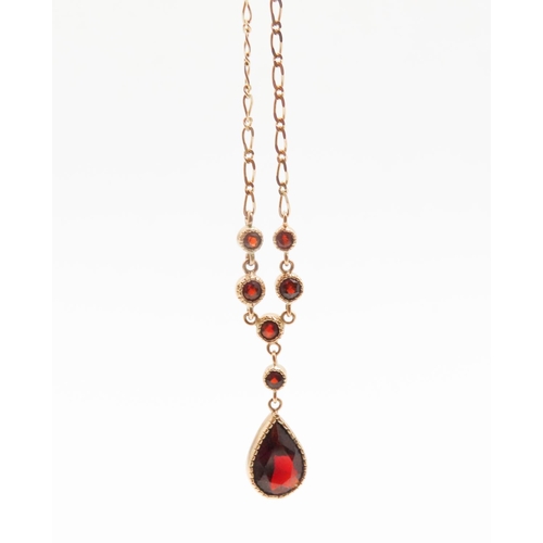 587 - Red Garnet Set Ladies Necklace Mounted on 9 Carat Yellow Gold Attractively Detailed Chain 40cm Long ... 