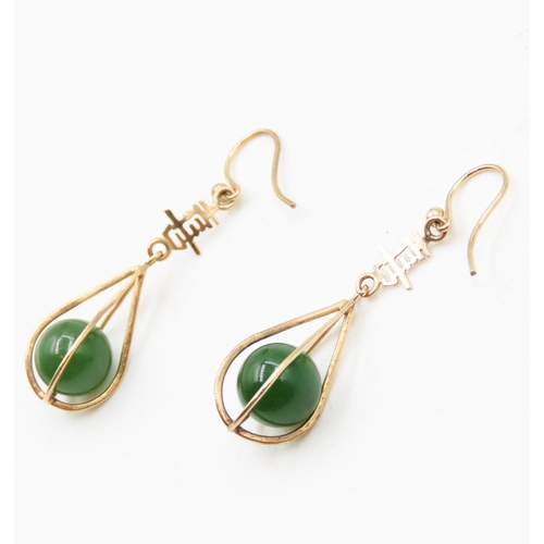 588 - Pair of Jade Bead Set Ladies Drop Earrings Set in 9 Carat Yellow Gold Each 3cm Drop