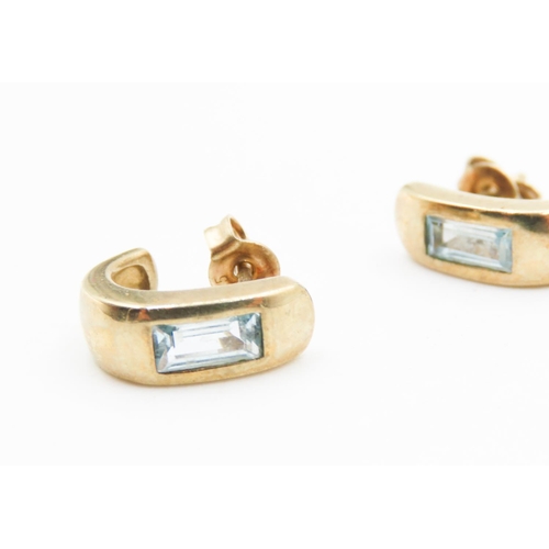 589 - Pair of Baguette Cut Aquamarine Set Earrings Mounted in 9 Carat Yellow Gold Each 12mm High