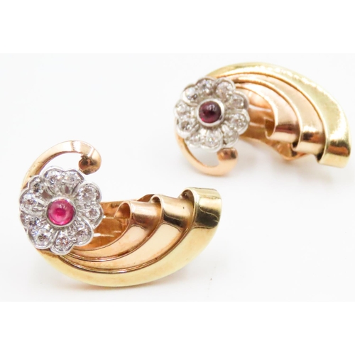 592 - Pair of Cabochon Cut Ruby and Diamond Set Daisy Motif Swirl Form Clip On Earrings Set in 14 Carat Ye... 