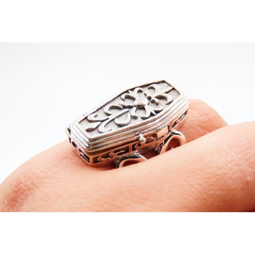 593 - Finely Detailed Silver Coffin Form Ring Hidden Skeleton Inside Ring Size N Size Adjustable