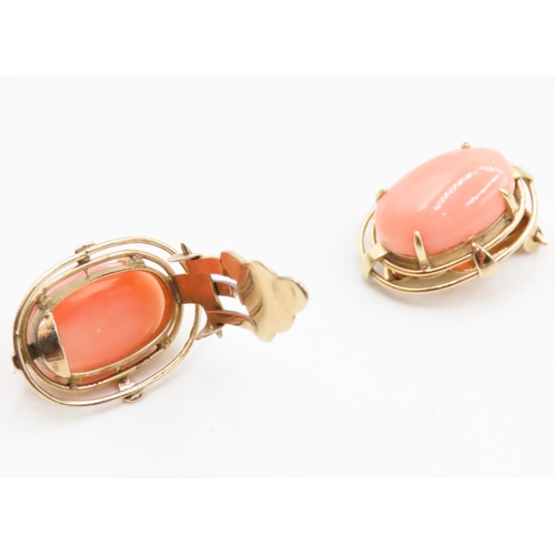 595 - Coral Four Claw Set Ladies Clip on Earrings Mounted in 9 Carat Yellow Gold 2cm High