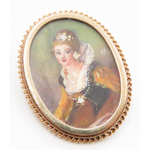 596 - Attractively Detailed Portrait Miniature Brooch or Pendant with Diamond Insets Mounted in 9 Carat Ye... 