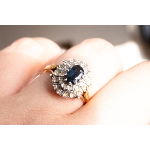 6 - Sapphire and Diamond Set Ladies Twin Row Cluster Ring  Mounted on 18 Carat Yellow Gold with Incised ... 