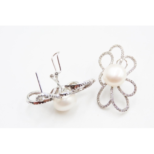 601 - Unusual Form Pearl and Diamond Set Petal Form Earrings Mounted in 14 Carat White Gold 3.5cm High