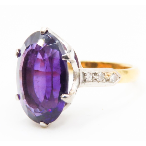 603 - Oval Cut Amethyst Set Ring Mounted in 18 Carat Yellow Gold Further Diamonds Set to Shoulders Ring Si... 