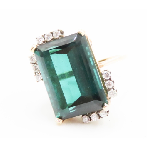 607 - Emerald Cut Green Tourmaline Basket Set Statement Ring with Further Gemstones Set to Corners Mounted... 