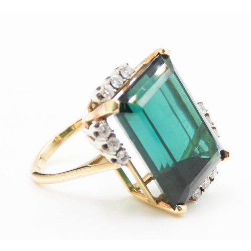 607 - Emerald Cut Green Tourmaline Basket Set Statement Ring with Further Gemstones Set to Corners Mounted... 