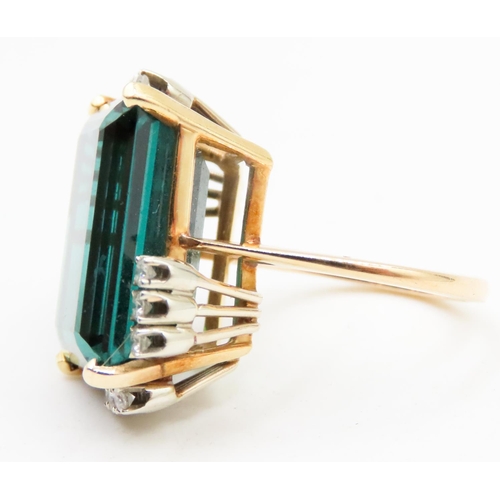 607 - Emerald Cut Green Tourmaline Basket Set Statement Ring with Further Gemstones Set to Corners Mounted... 