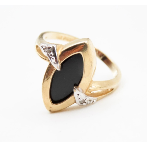 609 - Marquise Cut Bezel Set Onyx Ring Mounted in 10 Carat Yellow Gold Further Diamonds Set to Sides Ring ... 