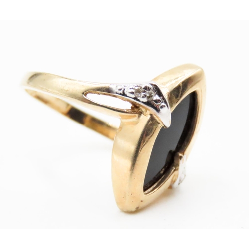 609 - Marquise Cut Bezel Set Onyx Ring Mounted in 10 Carat Yellow Gold Further Diamonds Set to Sides Ring ... 