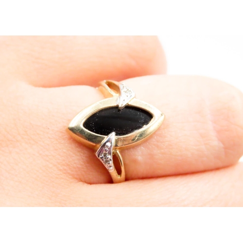 609 - Marquise Cut Bezel Set Onyx Ring Mounted in 10 Carat Yellow Gold Further Diamonds Set to Sides Ring ... 