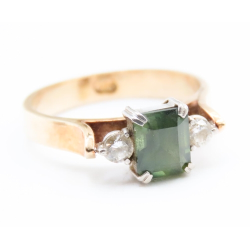 613 - Green Amethyst Basket Set Ring Mounted in 9 Carat Yellow Gold Further Gemstone Set to Shoulders Ring... 