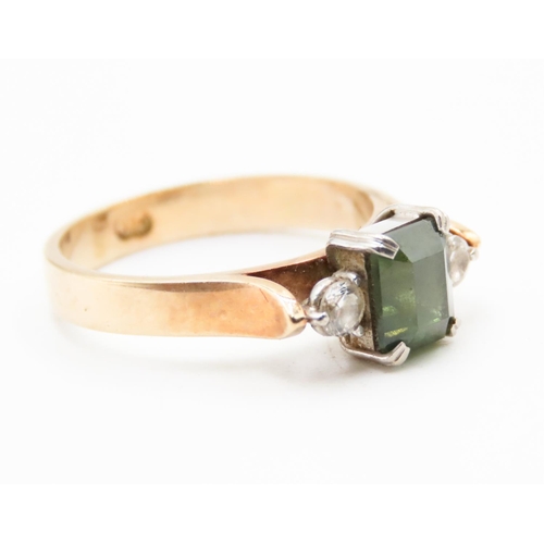 613 - Green Amethyst Basket Set Ring Mounted in 9 Carat Yellow Gold Further Gemstone Set to Shoulders Ring... 