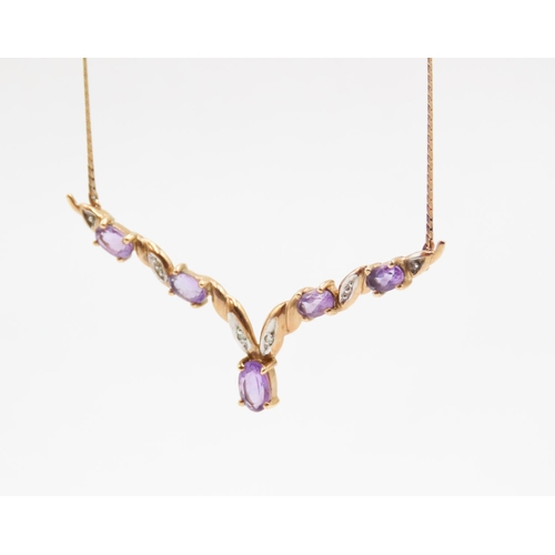 615 - Amethyst and Diamond Set Ladies Necklace Mounted in 9 Carat Yellow Gold 40cm Long