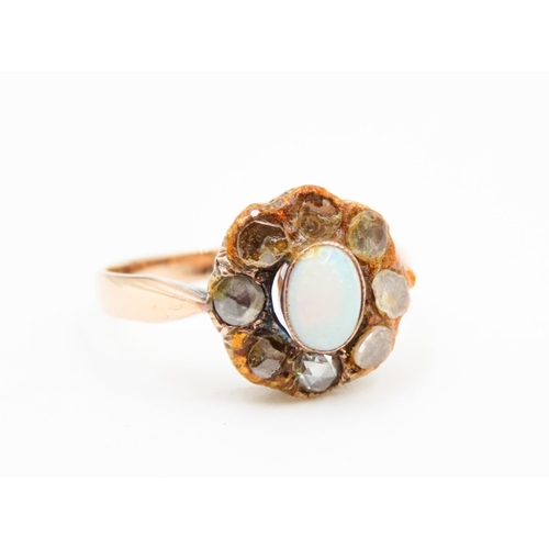 616 - Bezel Set Opal Centre Stone Ring with Rose Cut Diamond Set Halo Surround Mounted in 14 Carat Rose Go... 