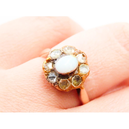 616 - Bezel Set Opal Centre Stone Ring with Rose Cut Diamond Set Halo Surround Mounted in 14 Carat Rose Go... 