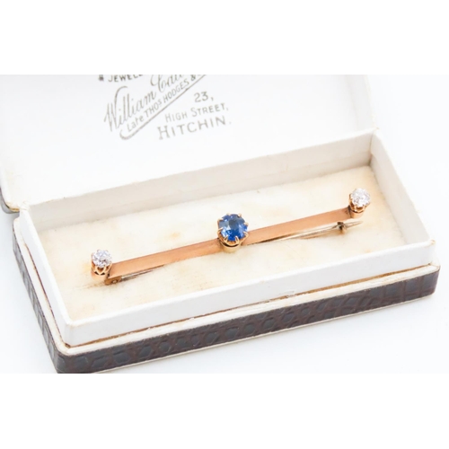 619 - Sapphire and Diamond Set 9 Carat Rose Gold Bar Brooch 4.5cm Wide