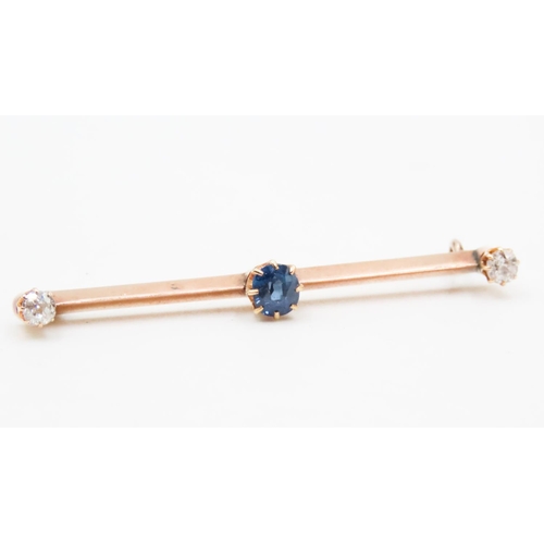 619 - Sapphire and Diamond Set 9 Carat Rose Gold Bar Brooch 4.5cm Wide