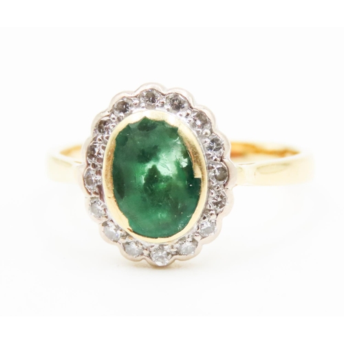 625 - Bezel Set Oval Cut Emerald Centre Stone Ring Diamond Set Halo Surround Mounted in 18 Carat Yellow Go... 