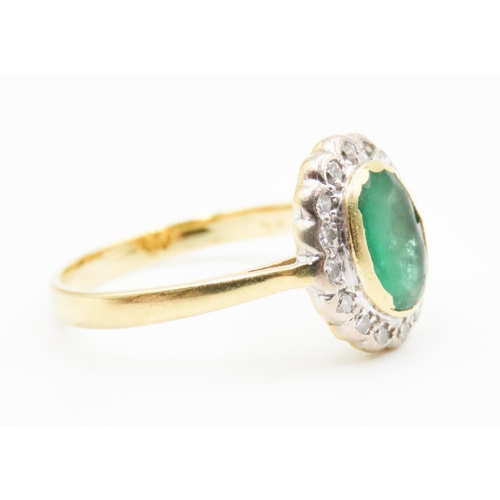 625 - Bezel Set Oval Cut Emerald Centre Stone Ring Diamond Set Halo Surround Mounted in 18 Carat Yellow Go... 