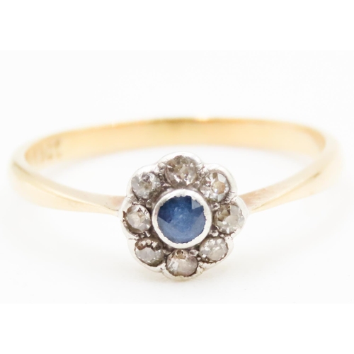 627 - Sapphire and Old Cut Diamond Set Ladies Daisy Cluster Ring Mounted in 18 Carat Yellow Gold Ring Size... 