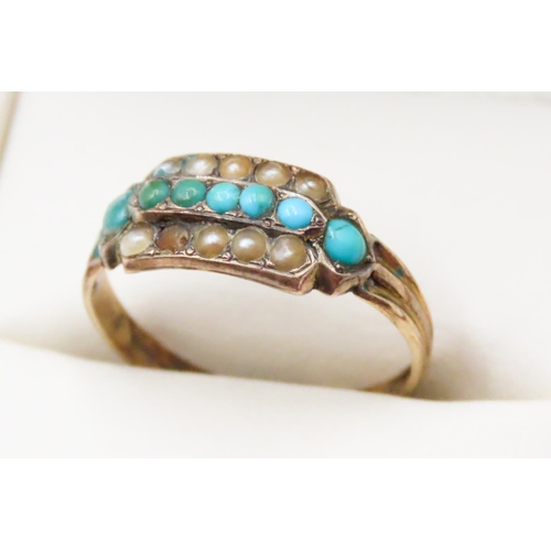 634 - Turquoise and Seed Pearl Set Three Row Ring Mounted in 18 Carat Yellow Gold Ring Size P