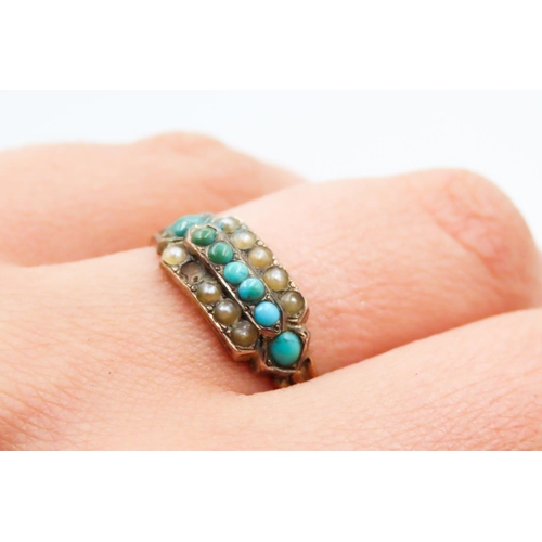 634 - Turquoise and Seed Pearl Set Three Row Ring Mounted in 18 Carat Yellow Gold Ring Size P