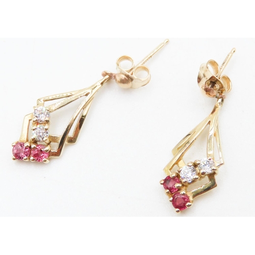 642 - Pair of Ruby and Gemstone Set 9 Carat Yellow Gold Drop Earrings 2cm High