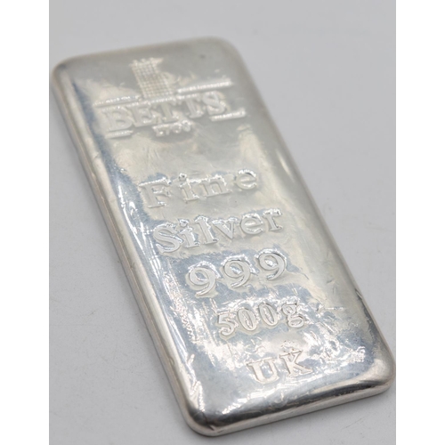 65 - 500g Fine 999 Silver Bar by Betts 1760 UK